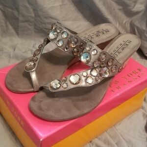 New York Transit Brown Bronze Toe Loop Wedge Sandals with Rhinestones. Size 10.